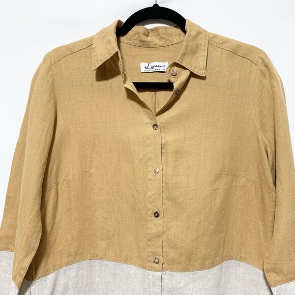 I Linen Lifestyle Classic Button Down Two Tone Caramel Natural Side Pocket Small - Picture 5 of 11